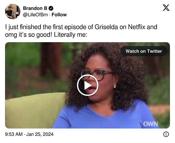 11. "Netflix'te Griselda'nın ilk bölümünü az önce bitirdim ve aman tanrım, çok güzel! Kelimenin tam anlamıyla ben:"