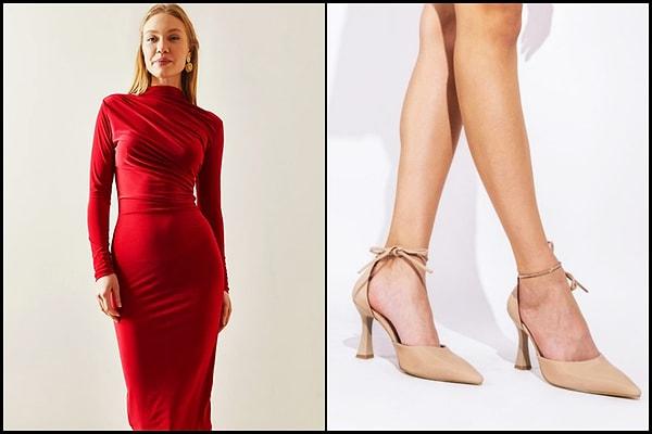 Bu romantik gün için kırmızı rengi tercih etmek isteyen çok fazla kişi olacaktır. Bu elbiseyi tercih edecekseniz nude ve krem tonlarında bir ayakkabı seçimi doğru olacaktır.
