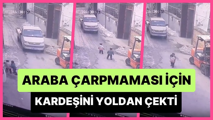 Araba Çarpmaması İçin Kardeşini İtekleyerek Yoldan Çeken Ufaklığın Gözlerden Kalpler Fışkırtan Anları