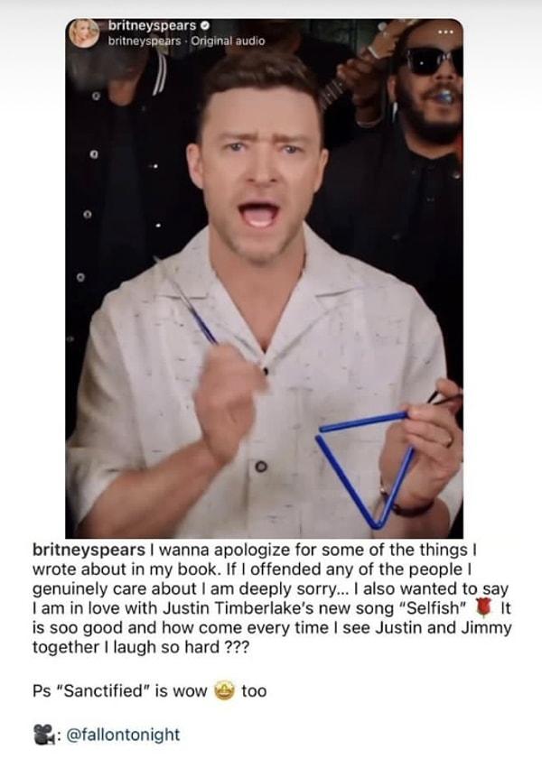 "Kitabımda yazdığım bazı şeyler için özür dilemek istiyorum. Eğer gerçekten değer verdiğim insanları kırdıysam çok özür dilerim... Ayrıca Justin Timberlake'in yeni Selfish'e aşık olduğumu söylemek istiyorum, çok güzel" diye ekledi.