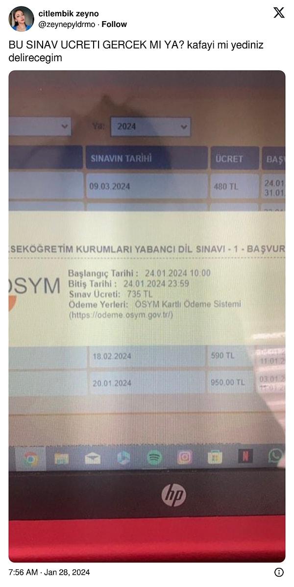 YÖKDil-1'e geç başvuru yapan bir öğrenci, 735 lira istenmesinin ardından "Bu sınav ücreti gerçek mi?" diye isyan etti.