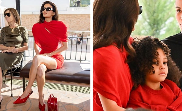 Bakınnn Kylie Jenner bebişi Stormi'yi de defileye getirmiş😍 Kabarık omuzlu kırmızı elbisesiyle çok şık görünmüyor mu sizce de?
