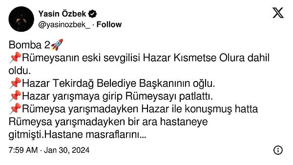 Tüm bu iddiaların sahibi Yasin Özbek, bu sürpriz ismin Tekirdağ Büyükşehir Belediye Başkanı'nın Hazar isimli olduğunu belirtti.