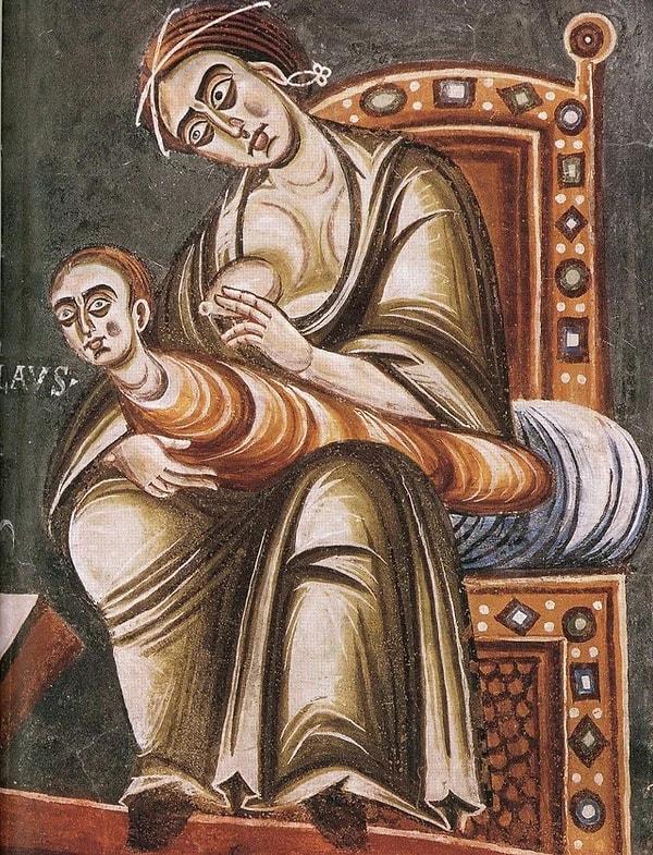 13. Aziz Nicholas'ın annesinin sütünü reddettiğini gösteren Romanesk bir fresk. (M.S 11. yüzyılın sonları, Novalesa Manastırı, İtalya)