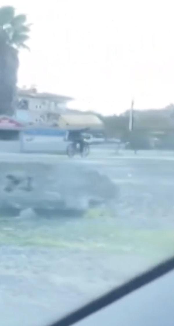 Muğla'da bir kişi, bisikletle kanepe taşırken görüntülendi.