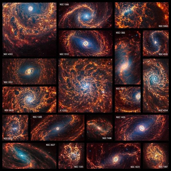 Görüntüler, gaz dağılımında bir veya daha fazla yıldızın süpernovaya gitmesiyle oluşan ve gazı uzağa iten deliklerin yanı sıra çıplak gözle görebildiğimiz spiral yapının çok ötesine genişleyen gaz filamentlerini de gösteriyor.