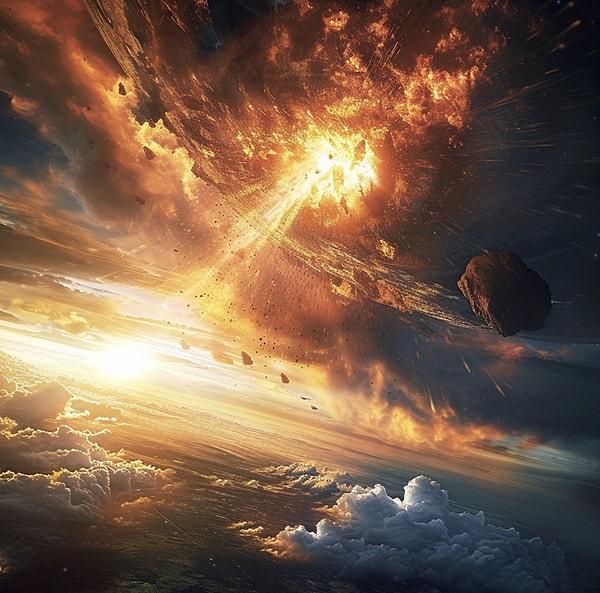 2- Asteroid çarpması: Dünya'ya çarpan büyük bir asteroid ya da kuyruklu yıldız büyük şok dalgalarına, ateş fırtınalarına ve bir nükleer kışına benzeyen bir çarpışma kışına neden olabilir.