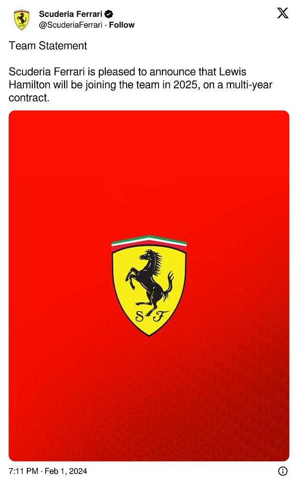 Ferrari sanki sıradan bir çalışanı bünyesine katmış gibi oldukça sade bir açıklamayla Lewis Hamilton'ı duyurdu.