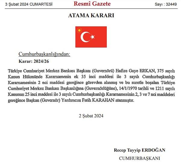 Resmi Gazete'de yayımlanan kararda beklenen isim Fatih Karahan oldu.