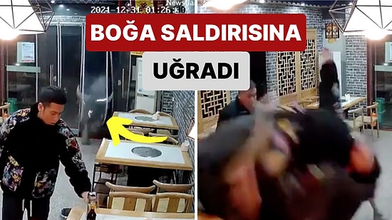 Çin'de Bir Restoranda İçeceğini Yudumlayan Adam Bir Anda İçeri Giren Boğanın Saldırısına Uğradı