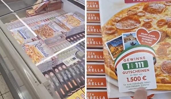 Almanya'da markete giren bir Türk, pizza kutusunun üzerinde bulunan 1500  €'luk hediye çeki çekilişi etiketini pizzanın fiyatı zannetti.