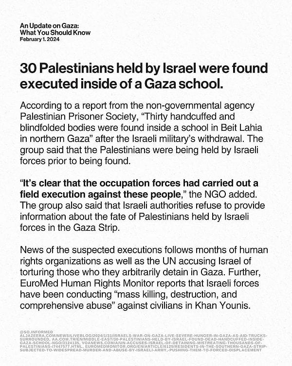 İsrail'in elinde bulunan 30 Filistinli, Gazze'nin kuzeyinde Beyt Lahia'daki bir okulda kelepçeli ve gözleri bağlı şekilde öldürülmüş halde bulundu.