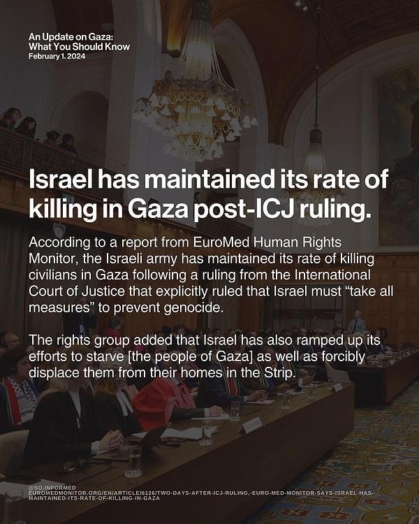 EuroMed İnsan Hakları İzleme Örgütü'nün raporuna göre, İsrail ordusu, Uluslararası Adalet Divanı'nın İsrail soykırımını önlemek için tüm önlemleri alması gerektiği kararına rağmen Gazze'deki sivil ölüm oranını korudu.