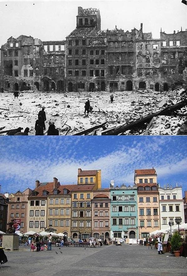 4. 1945'te Naziler tarafından yıkıldıktan sonra Polonya'nın Varşova kentindeki Eski Şehir Pazar Meydanı ve günümüz.