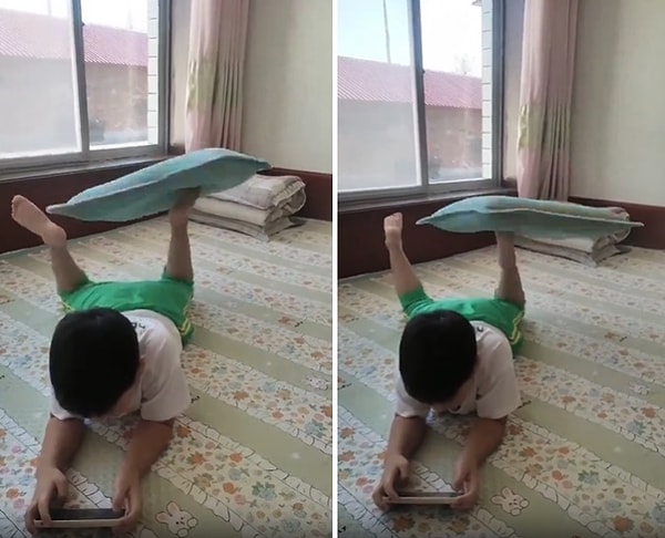 Çocukken hemen hemen herkesin denediği ancak çok az kişinin başarabildiği ayak ile minder çevirme olayında ustalaşan çocuk, uzun bir süre minderi çevirebiliyor.