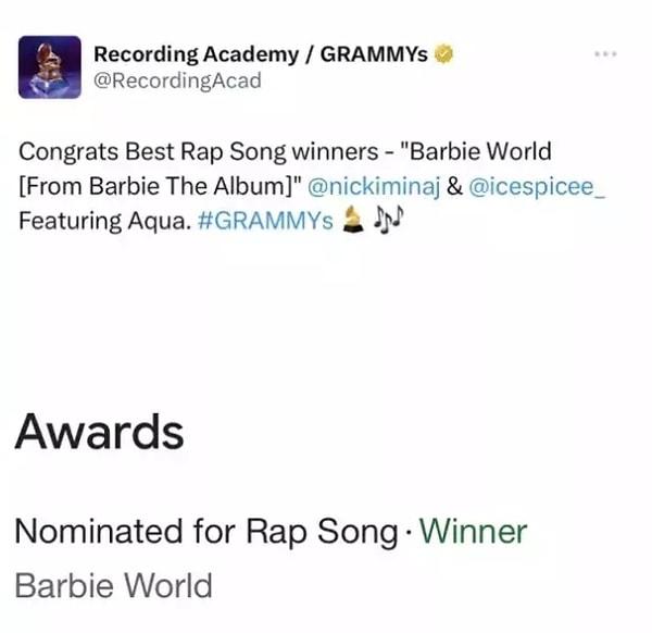 "Barbie The Album'den "Barbie World" ile En İyi Rap Şarkısını Kazanan @nickiminaj & @icespicee_ Tebrik ediyoruz." 👇