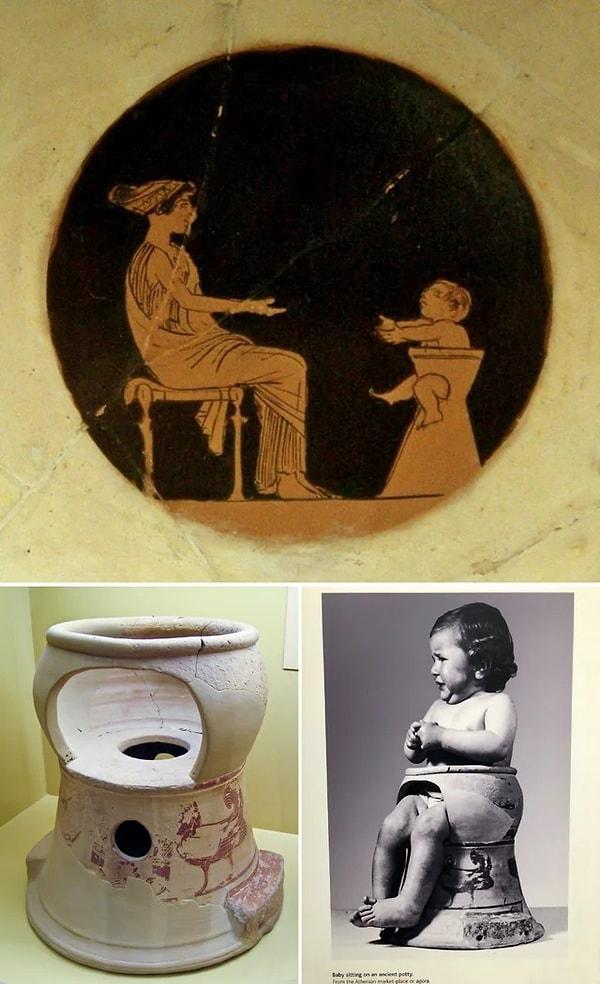 3. Lazımlık sandalyesinde oturan ve annesine seslenen bir bebeği gösteren eski bir Yunan kylix'i. (M.Ö 480)