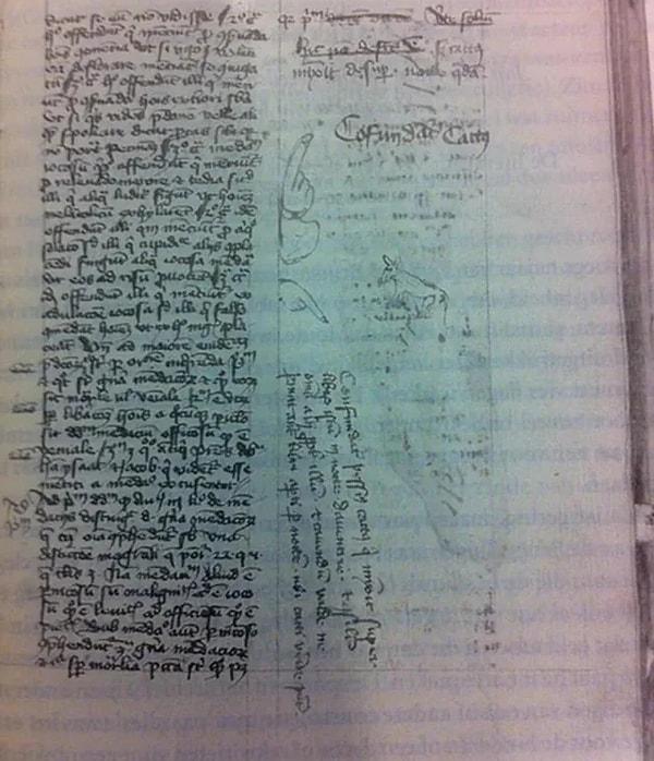 5. 1420'de Deventer'li bir katibin yazdıkları üzerine bir kedi işedi. Katip yazıtın üstünde lekeye doğru işaret eden eller çizerek bir notla da kediye küfrederek olayın resimlerini ekledi.