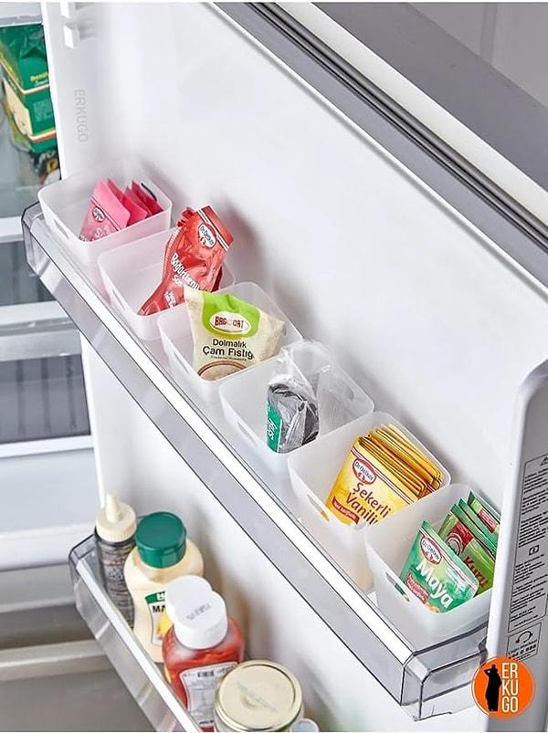 15. Buzdolabının içindeki ıvır zıvırları düzene sokacak 6'lı set buzdolabı kapak içi düzenleyici.