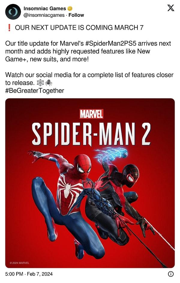 Spider-Man 2 için New Game Plus modu 7 Mart'ta Geliyor!