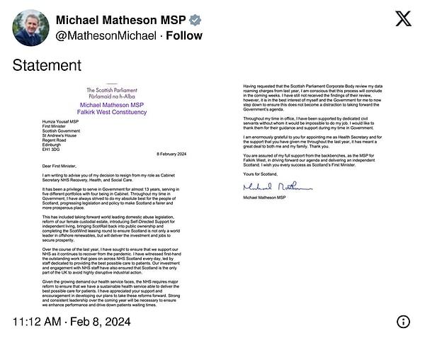 İşte, İskoçya Sağlık Bakanı Michael Matheson'un sosyal medya üzerinden yaptığı açıklama.
