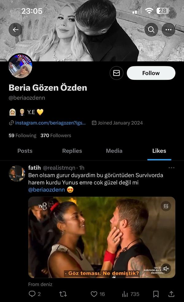 Ancak tam da bu tepkiler gelirken Yunus Emre'nin eşi Beria Gözen, bu kez "Survivor'da harem kurdu Yunus Emre" tweetini beğendi.