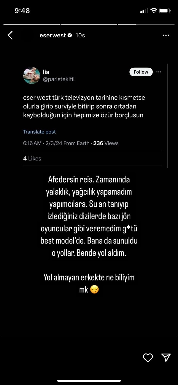 Bunun üzerine Eser, "yalaklık, yağcılık yapamadım yapımcılara" diye başladığı sözlerini oldukça büyük iddialarla sonlandırdı.