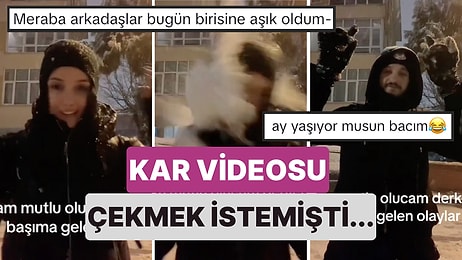 Bir Adam Kar Videosu Çekmek İsteyen Sevgilisine Fırlattığı Dev Kartopuyla Kadının Aklını Başından Aldı