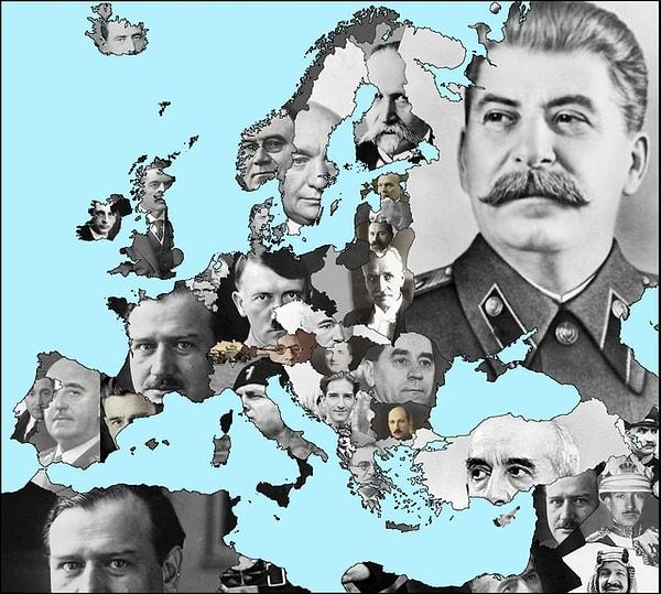 6. Liderlerin yüzlerine göre İkinci Dünya Savaşı öncesi Avrupa haritası.