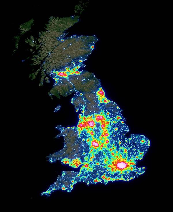 15. Büyük Britanya'nın ışık kirliliği haritası.