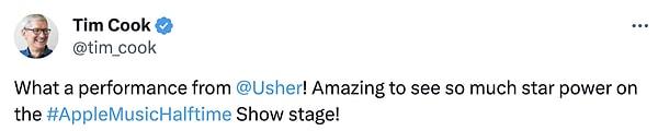 "Usher'dan ne muhteşem bir performans! #AppleMusicHalftime Show sahnesinde bu kadar çok yıldızın gücünü görmek inanılmaz!"
