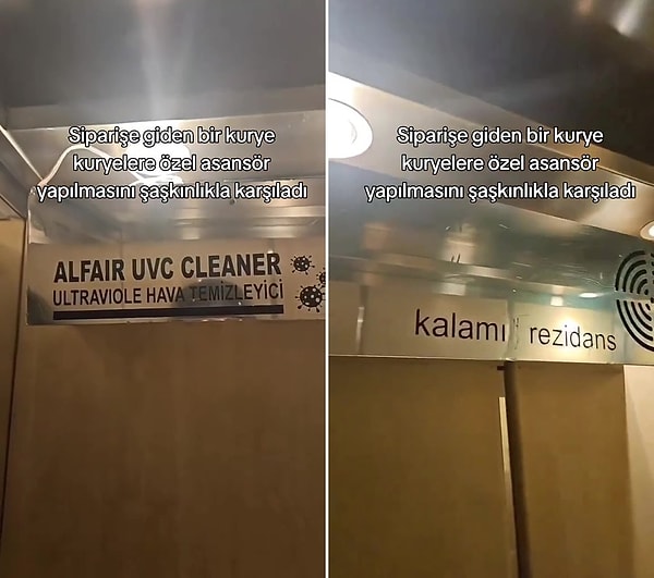 O kurye çektiği videoda, 'Kuryeler için asansör yapmışlar, asansöre de hava temizleyici koymuşlar, kuryelerin mikrobu rezidanstaki insanlara bulaşmasın diye, böcek gibi dolaşıyoruz' dedi.