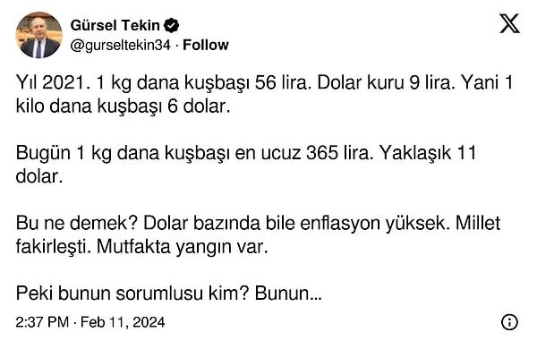 Eski CHP milletvekili Gürsel Tekin de et fiyatlarını paylaştı.
