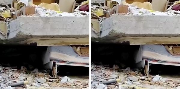 Deprem esnasında yatak kenarlarının ne kadar güvenli olduğu, bir binanın enkazı üzerine gösterildi.