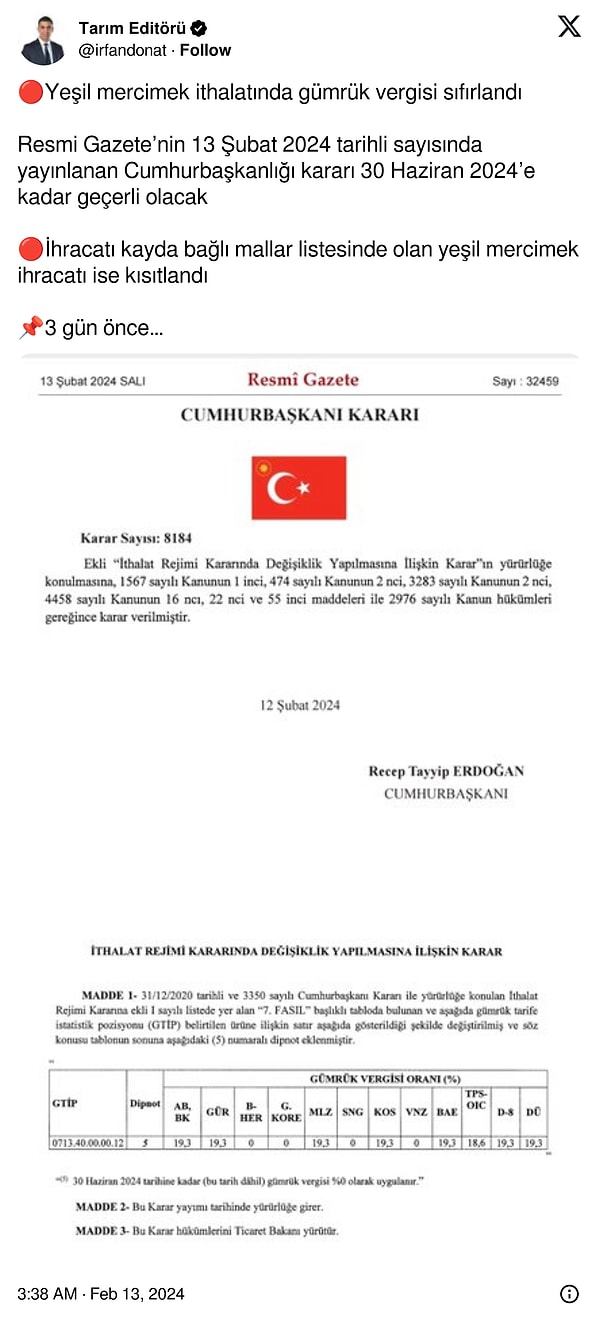 Sosyal medyada da yeşil mercimekte verilen karar ilgi çekti.