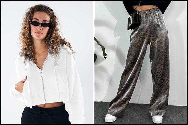 İddialı ve bir o kadar da trend bir kombin ile karşınızdayız. Beyaz sweatshirt ve leopar desen dökümlü pantolonun uyumunu nasıl buldunuz?