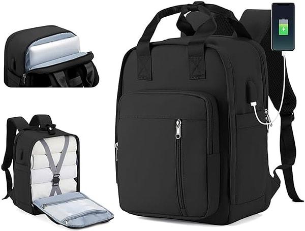 4. Bilgisayarıyla seyahat edenler için ideal boyutta su geçirmez özellikli ve USB girişli bir çanta.