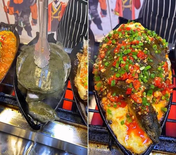 Sosyal medyada paylaşılan ve Uzak Doğu'da kaydedildiği belirtilen görüntülerde, bir aşçının pişirdiği kaplumbağayı servis için hazırladığı anlar görülüyor.