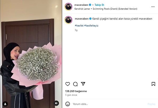 Mavera Bulut'un Instagram'da "Kendi çiçeğini kendisi alan koca yürekli maveraben" diyerek yaptığı o paylaşımı.