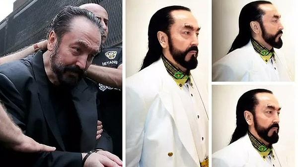 Erzurum’daki cezaevinde cezasını çeken Adnan Oktar fotoğrafta, saçları yapılı şekilde, beyaz kıyafetler içinde ve üzerinde çeşitli materyellerle poz vermiş.