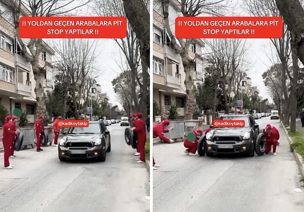 Kadıköy'de bir grup genç, yoldan geçen araçlara pit stop yaparak kendilerini yarıştaymış gibi hissettirdi.