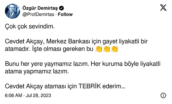 Cevdet Akçay, Merkez Bankası'na Başkan yardımcısı olarak atandığında çok sevindiğini dile getiren Özgür Demirtaş,