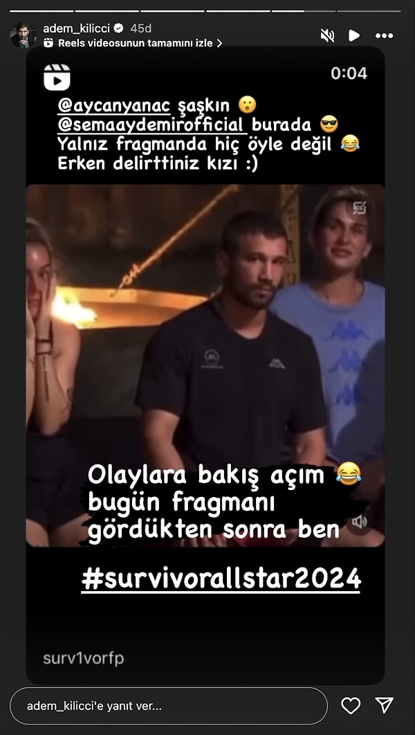 Sonrasında eski bir videosunu paylaşarak "Olaylara bakış açım. Bugün fragmanı gördükten sonra ben." dedi.