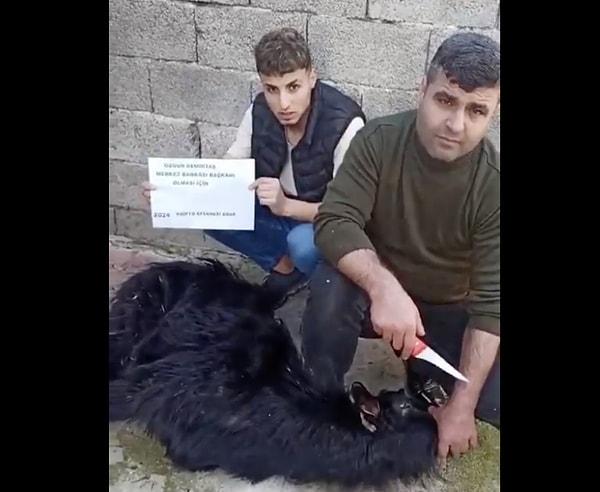 Sosyal medyada küçük baş bir hayvanın başında kurban etmek için duran iki kişinin elindeki kağıtta "Özgür Demirtaş'ın Merkez Bankası Başkanlığına geçmesi için" yazısı görüldü.