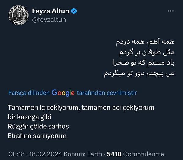 Altun, geçtiğimiz gün aktif olarak kullandığı Twitter (X) hesabı üzerinden Farsça bir şiir yayınladı.