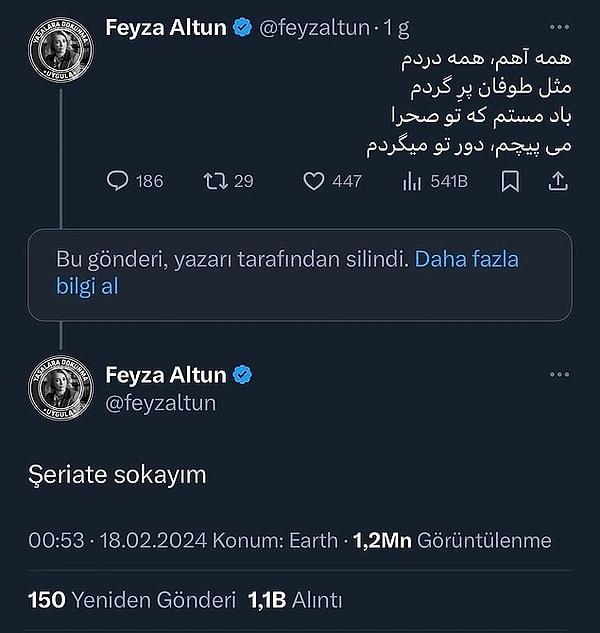 Bir sosyal medya kullanıcısı, Farsça bir şiir yayınlayan Altun'un paylaşımının altına "Feyza hanıma şeriat atak gelmiş” diye bir yorum yaptı. Ünlü avukatın buna yoruma karşılığı ise dikkat çekti.
