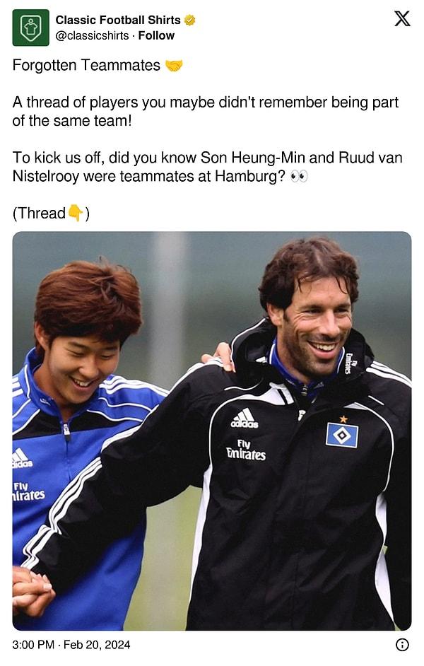 Twitter'da Classic Football Shirts hesabı, unutulan ikililer hakkında bir flood yaptı. Rood van Nistelrooy ile Son Heung-Min'un Hamburg'da takım arkadaşı olduğunu hatırlattılar.