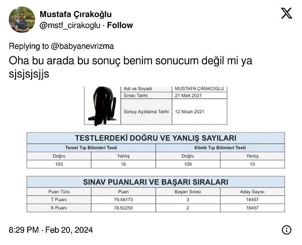 Ancak bu sonucun Mustafa Çırakoğlu adlı bir doktora ait olduğu iddia edildi.