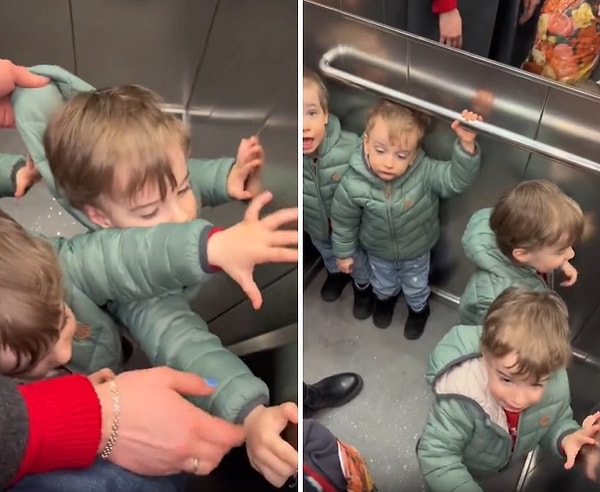 Asansörde bir türlü rahat durmayan, asansör tuşlarına basan ve kabini tokatlayan çocukların çifti zor durumda bıraktığı görülüyor.