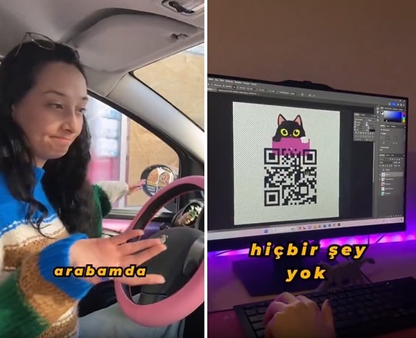 Yaptığı tasarımı da arabasına asan kadın, telefonu ile karekodu okuttuğunda artık saati öğrenebiliyor...